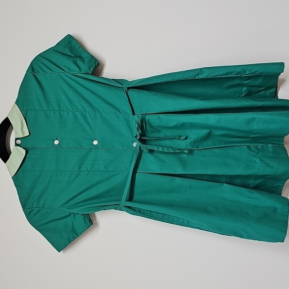 Vtg Green Girls Dress W/vine Applique Tie & Button Back Box Pleats - Picture 4 of 8